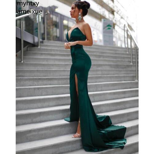 2020 New Cheap Sexy Green Evening Dresses Side Slit Hot Sweetheart Sleeveless Zipper Back Trumpet Silk Satin Robe De Soiree