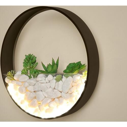 New Modern Round Metal Wall Mounted Planter Lamp Bedroom Bedside Decor Wall Sconce White Black Lights Artificial Flowers Stone