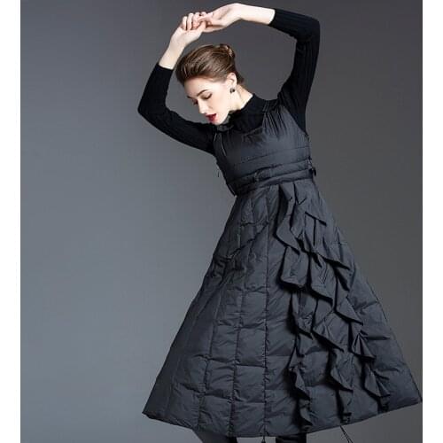 Women Duck Down Coat Light Puffer Jacket Elegant Lady High Waist Winter Long Dress Chic Style Sleeveless Draped Skirt LW217