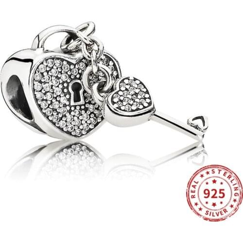 Real 925 sterling silver Beads Love You Heart Lock Crystal Charm Suitable fit Original Pandora Bracelet Jewelry 2021