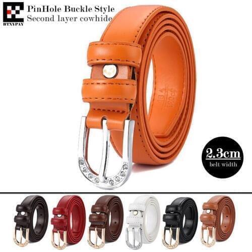 Authentic 2.3cm Width Women Genuine Leather Belts,Second Layer Cowhide PinHole Buckle Lady Waistbands,with Buckle,L:100-115cm