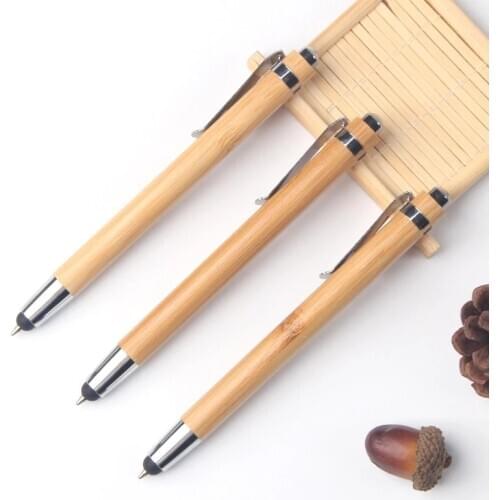 10 pcs/lot Bamboo Ballpoint Pen 2 In 1 Stylus touch pen With Silver Clip Office School Supplies Pens Writing Supplies Gifts