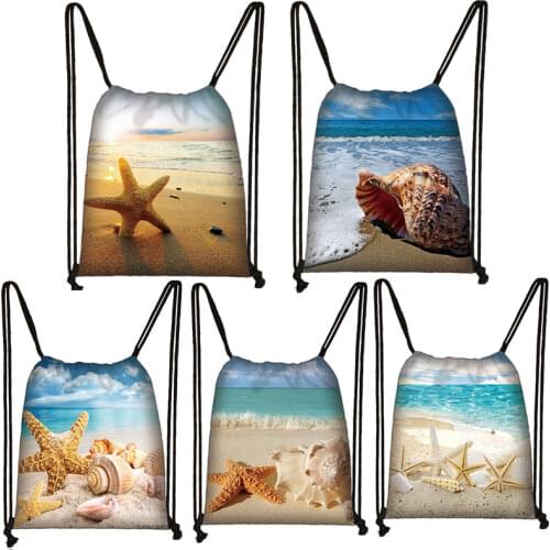 Cartoon Ocean Starfish Drawstring Bag Cute Conch Print School Backpack for Boy Girls Storage Bag Satchel Bundle Rucksack