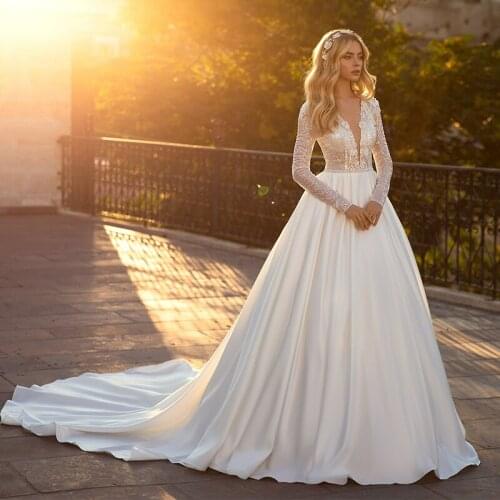 Modern Modest Wedding Dresses for Women Sequins Long Sleeve A Line Bridal Gowns V Neck Custom Made Vestido De Fiesta De Boda