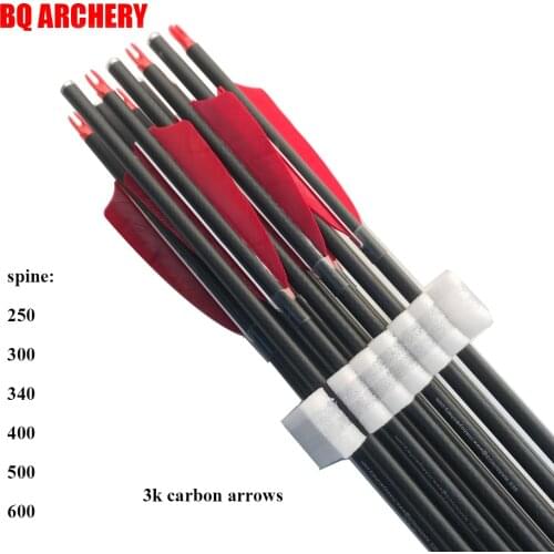 Archery 100% Pure Carbon Arrow 3k Spine250- 600 ID6.2mm 2pcs 4inch Turkey Feather 100gr Tips Compound Bow Hunting 12pcs