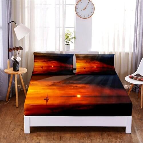 Setting Sun Digital Printed 3pc Polyester Fitted Sheet Mattress Cover Four Corners with Elastic Band Bed Sheet Pillowcases
