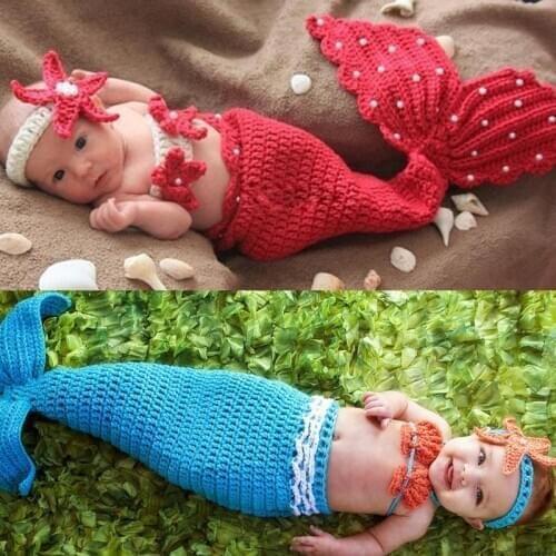 Baby Photography Props Newborn Costume Outfit Clothes Infant Girls Mermaid Pearl Crochet Knit Clothing Photo Shoot For Baby