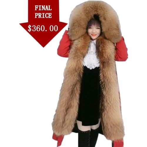 Long Hooded Parka Women Jacket Luxury Natural Raccoon Fur Collar Muskrats Fur Lining Coat Detachable High Quality