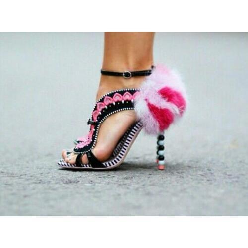 Red Heart Straps Ladies Cutout Style High Heels Faux Pink Rabbit Fur Back Women Open Toe Sandals Ankle Buckle Female Dress Shoes