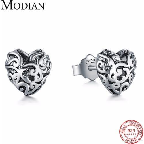 Modian Authentic 925 Sterling Silver Vintage Hearts Line Romantic Stud Earrings For Women Small Charm Fashion Christmas Gift