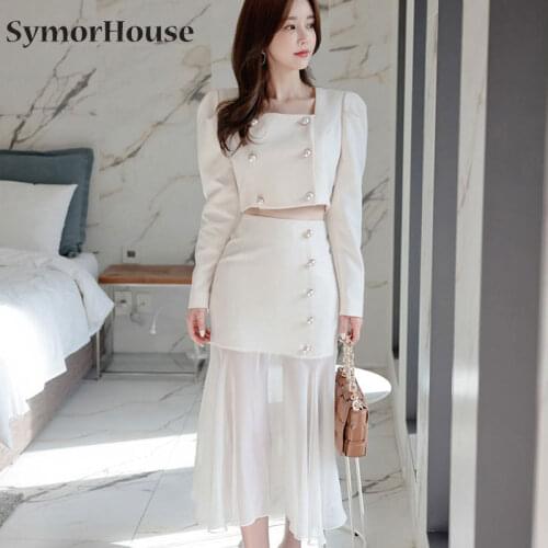 New Women Autumn High Waist Sheath Mermaid Suit skirt Work 2 Pieces Set Korean Double-breasted Chiffon White Simple Sets