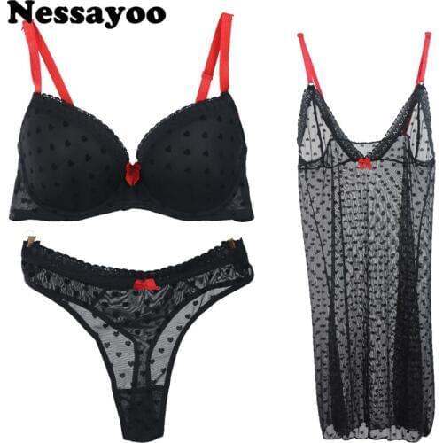 Women Sexy Lace B C Cup 3 sets+ quarter Cup Push up bra Sexy lace Bra set VS Womens sense of Underwear Bras Transparent Dresses