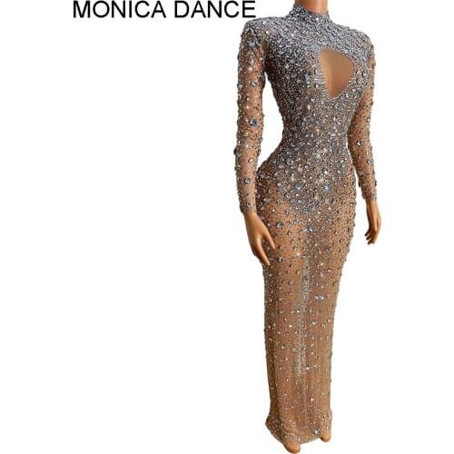 Women Sexy Stage Flashing Silver Crystals Rhinstones Transparent Long Dress Evening Birthday Celebrate Mesh Stretch Dance Dress