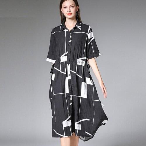 Large size ladies' casual fashion loose geometric printing dresses women high waist Elegant dress long dress Collect waist new