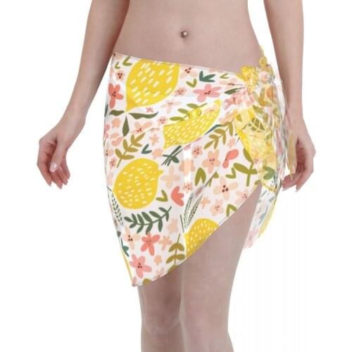 Women See-Through Beach Bikini Cover Up Wrap Scarf Swimwear Pareo Sarong Dress Yellow Lemons Casual Beach Dress