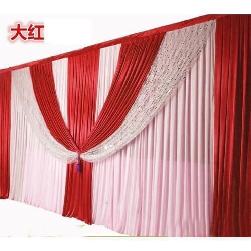 10ftx20ft White Ice Silk Wedding Backdrop Curtain With RED Drape Valance Stage Backdrops Background For Party Event Decoration