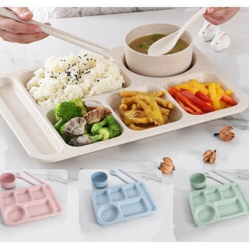 2021 NEW Dinner Plate Wheat Straw Fast Food Plate Divided Grid Student Adult Canteen Plate Thickened with Cutlery Set