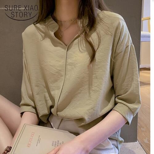 2021 Summer Pullover Ladies Tops Blusas Plus Size Solid Elegant Chiffon Shirt Women Office Casual Loose V Neck Blouse Women 9998