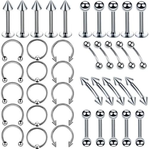 40 Set Stainless Steel Nose Ring Lip Tongue Eyebrow Tragus Belly Rings Screw Barbells Ear Piercing 16G for Women Men