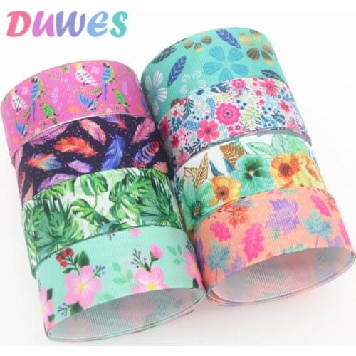 DUWES 50yards flower feather leaf Printed Grosgrain Ribbon Accessory Hairbow Headwear Decoration DIY Wholesale OEM D1296