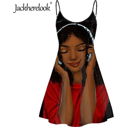 Jackherelook Black Afro Girls Magic Pattern Summer Beach Spaghetti Strap Dresses Sexy Backless Party Dress for Ladies Vestidos