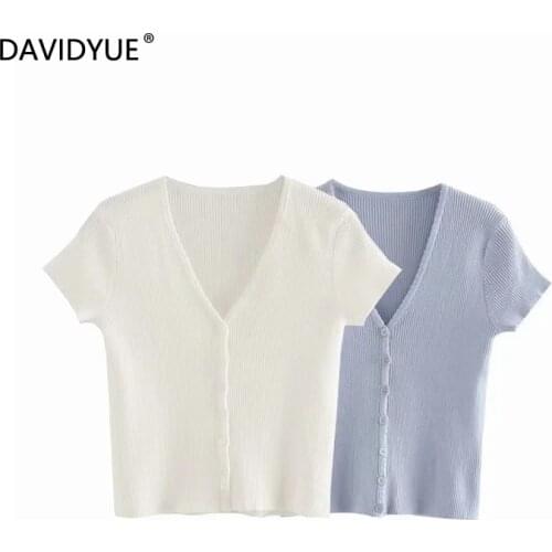 Summer knitted sweater short sleeve cardigan button up tops streetwear white top elegant v-neck vintage blue cardigans 2020