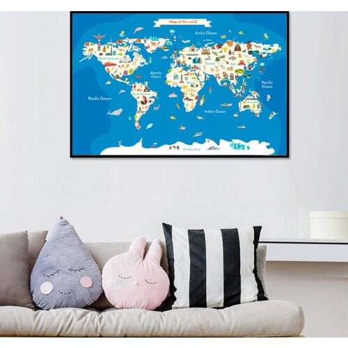Map of the World Cute Animal Oil Posters Wall Art Canvas Painting Picture Art Printing Office Study Room Decoraation Cuadros