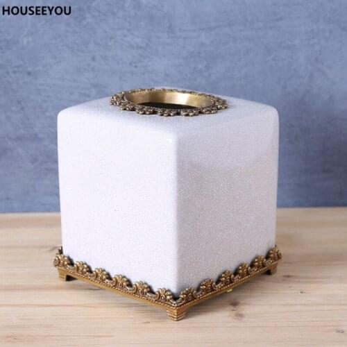 Classical White Porcelain and Golden Copper Tissue Box Paper Towel Storage Boxe Napkin Holder Home Decor Unisex Ceramic Enamel