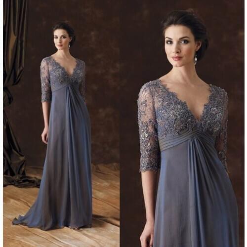 2021 Elegant Empire Lace Mother of the Bride Dresses With Three Quarter Sleeves Wedding Party Gowns V Neckline Pleated