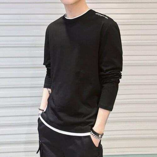 Autumn New Korean Fashion Slim Fit O-Neck Black White Gray Mens T Shirts Casual 100% Cotton Long Sleeve Tee Shirts
