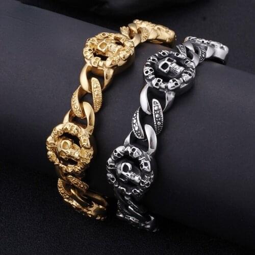 HAOLYNJOY Stainless Steel Punk Multi Lots Of Skull Charm Bracelet Men 22.5cm Long Gothic Skull Chain Bracelet Party Jewelry