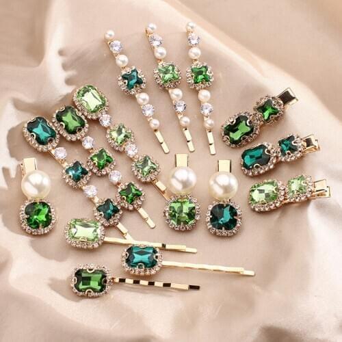 2020 New Vintage Green Rhinestone Hair Clip Imitation Pearl Barrettes Hairgrip Hair Accessories for Women Girls Party Wedding