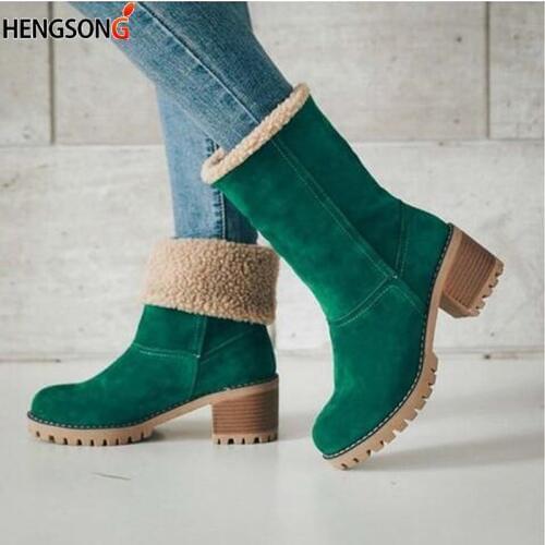 New Winter Snow Boots Women Suede Warm Cotton-padded Shoes Mid Heels Ankle Boots Footwear Fur Plush Boots Black Green