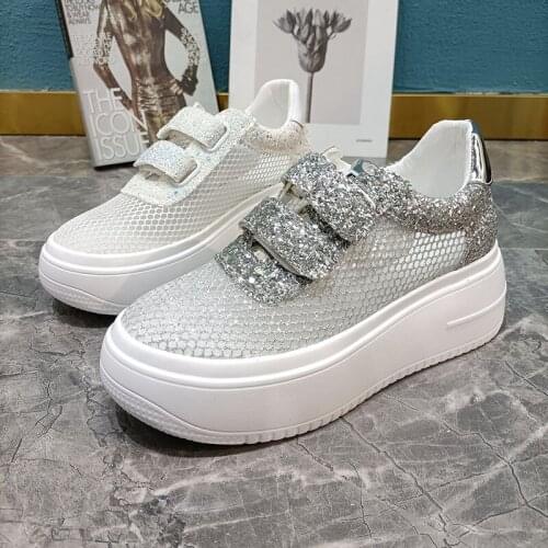 Fashion Womens Shoes College Style Platform Low-Top Shoes Comfortable And Breathable High-Top Shoes Sequin Stitching Net Shoes