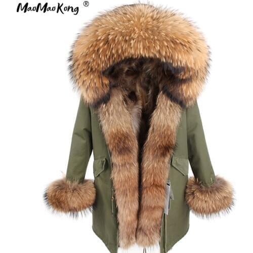 Maomaokong Real Fox Fur Coat Winter Jacket Women Long Parka Natural Raccoon Fur Collar Hood Thick Warm Real Fur Liner Parkas