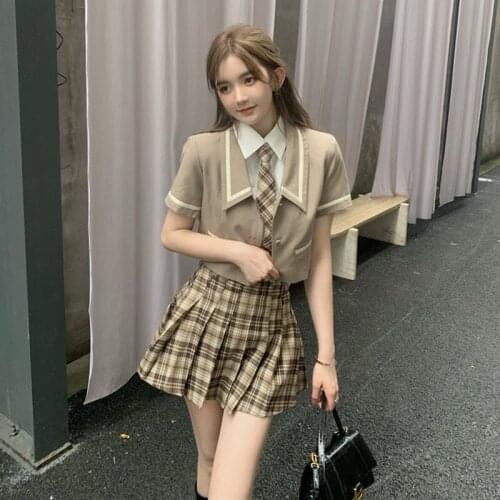 Japanese Style Suit Jacket Plaid Fashion Jk Uniform Shirt Suit College Style High Waist Tie Kawaii Skirt 2021 Summer New