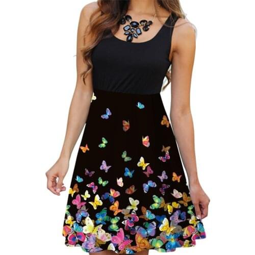 Summer Tank Sexy Elastic Waist Dress Women Boho O-neck 3d Butterfly Print Dress Casual Sundress Ladies Tunic Robe Vestidos