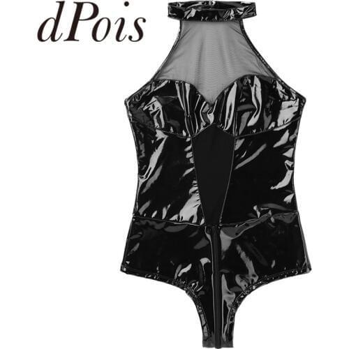 Sexy Women Wetlook PU Leather One Piece Mesh Splice Front Bust Lingerie Halter Neck Backless Sleeveless Bodysuit Sexy Club wear