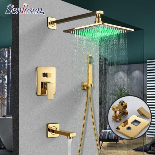 Senlesen Gold Brass Shower Faucet with 16" LED Shower Head W/ Hand Shower Para Bathroom Shower Set Wall Mount Bath Sets