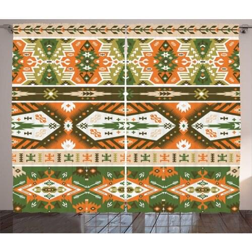 Green Orange Tribal Curtains Native Ethnic Ornaments Satin Fabric Drapes for Living Room Bedroom 2 Panel Window Set