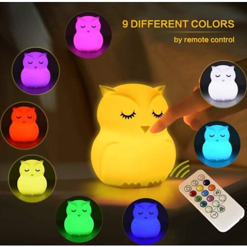 Owl LED Night Light Touch Sensor Remote Control 9 Colors Dimmable Timer USB Rechargeable Silicone Bedside Lamp for Children Baby
