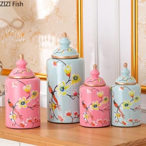 Vintage American Pastoral Flowers and Birds Ceramic Pot Crafts Covered Flower Vase Candy Snack Storage Tank Rustic Home Decor