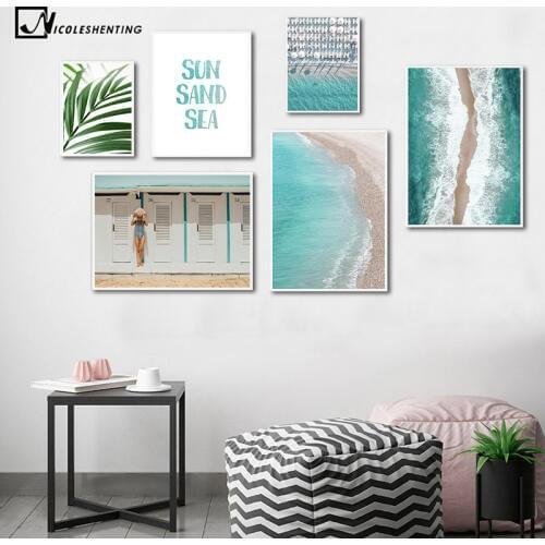 Aerial View Tropical Ocean Beach Poster Summer Sea Wavs Palm Tree Leaf Print Scenery Wall Art Canvas Painting Decorative Picture