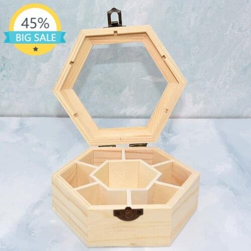 Natural Plain Wooden Jewellery Crafts Storage Box with Glass Lid and Lock Hexagon Shaped Chest Storage Collection Box