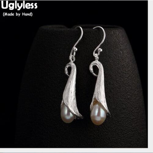 Uglyless Ethnic Abstract Morning Glory Flower Earrings for Women Real Solid 925 Silver Fine Jewelry Nature Pearl Exotic Earrings