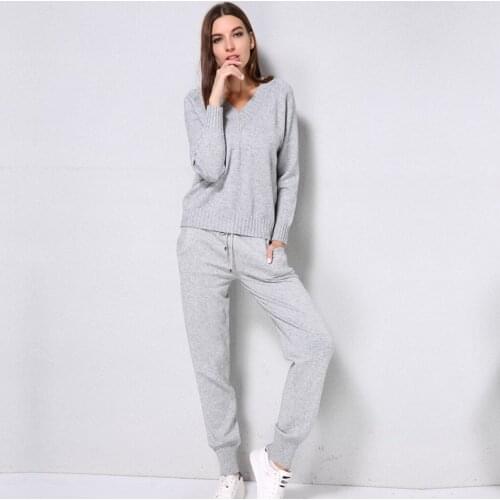 2 Pieces Set Women Knitted Tracksuit Sexy V-neck Sweater + Carrot Jogging Pants Pullover Sweater Set Chic Knitted Outwear