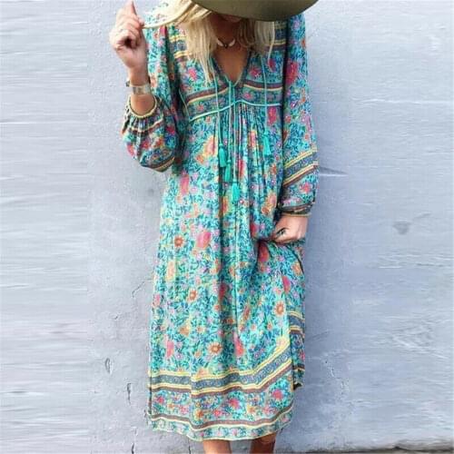 Boho women green floral print tassel beach long Bohemian midi dress Ladies Summer rayon cotton dress vestidos