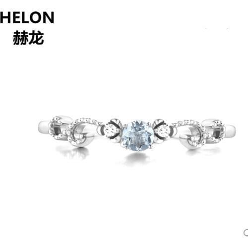 Solid 14k White Gold Natural Diamonds Millgrains Wedding Ring for Women Round Natural Aquamarine Ring Vintage Unique Jewelry