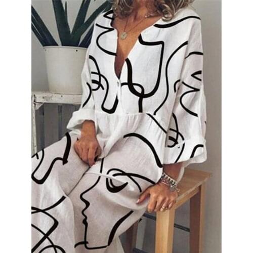 Abstract Face Print White dress Women Casual V-Neck Button Long Sleeve Casual Maxi Dresses Femme Robe Vestidos Plus Size