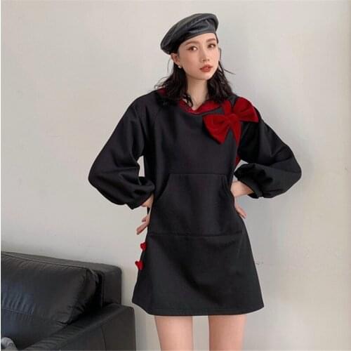 Women Long Sleeve O-neck Bow Hoodie Dress 2021 Spring Autumn Korean Sexy Mini Dresses Female Fashion Loose Casual Short Dress